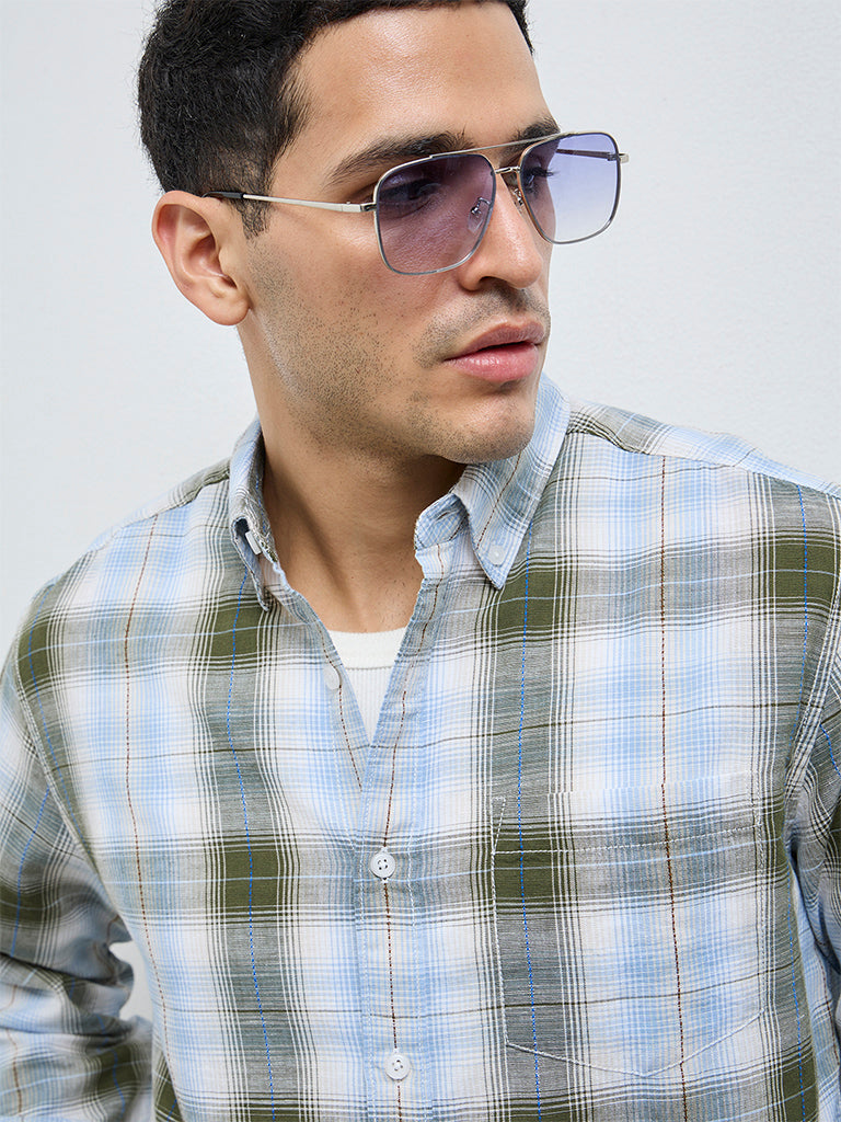 WES Casuals Olive Check Relaxed-Fit Cotton-Blend Shirt