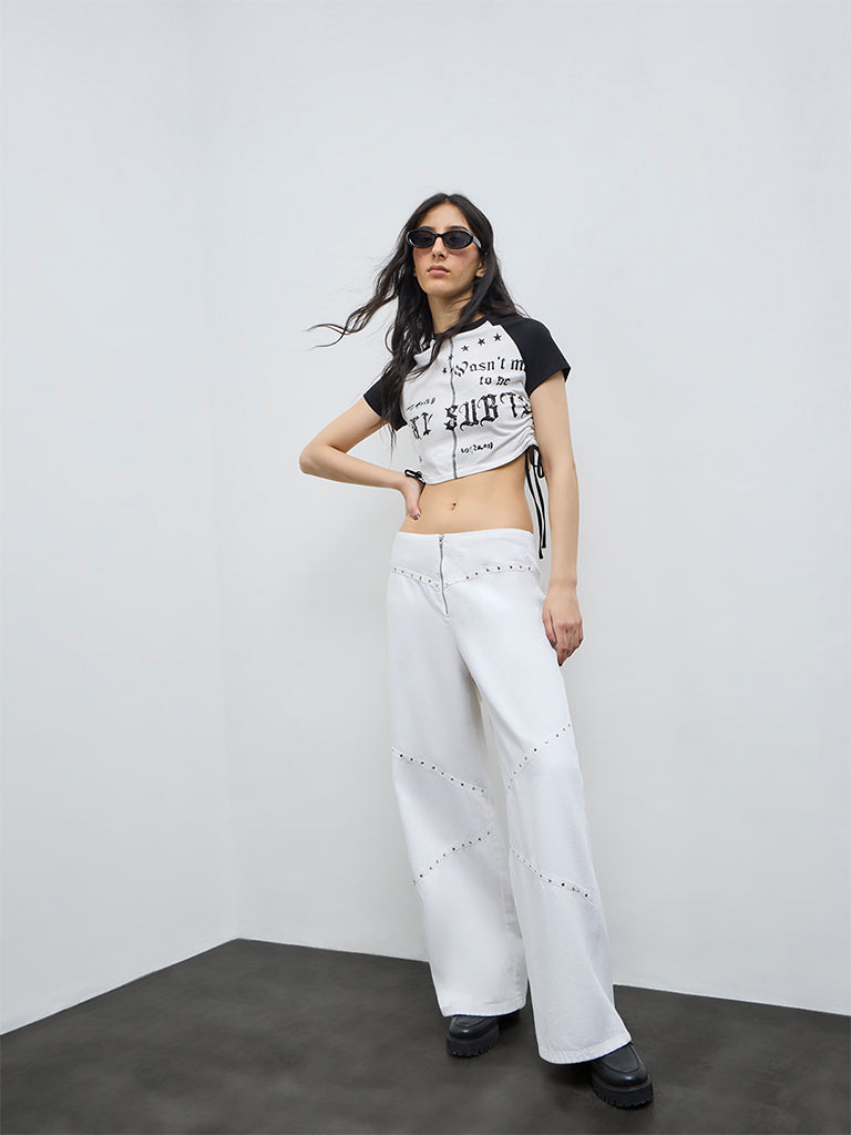 Nuon White Text Printed Cotton-Blend T-Shirt