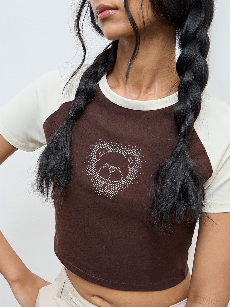 Nuon Brown Embellished Cotton-Blend T-Shirt