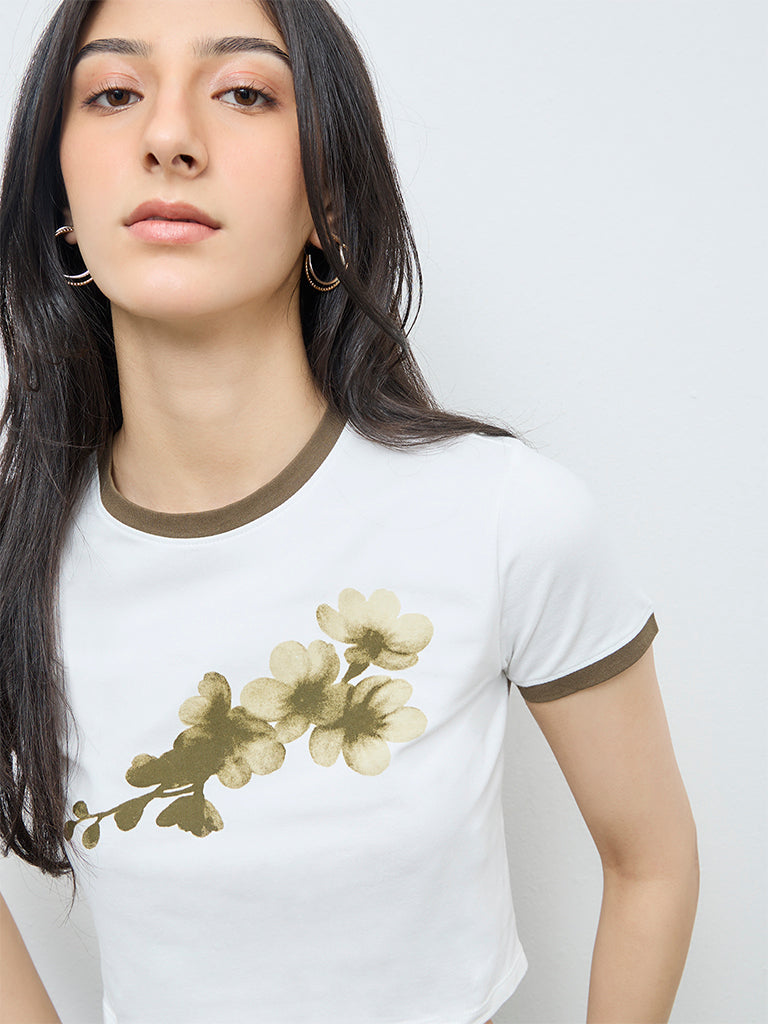 Nuon White Foliage Printed Cotton-Blend T-Shirt
