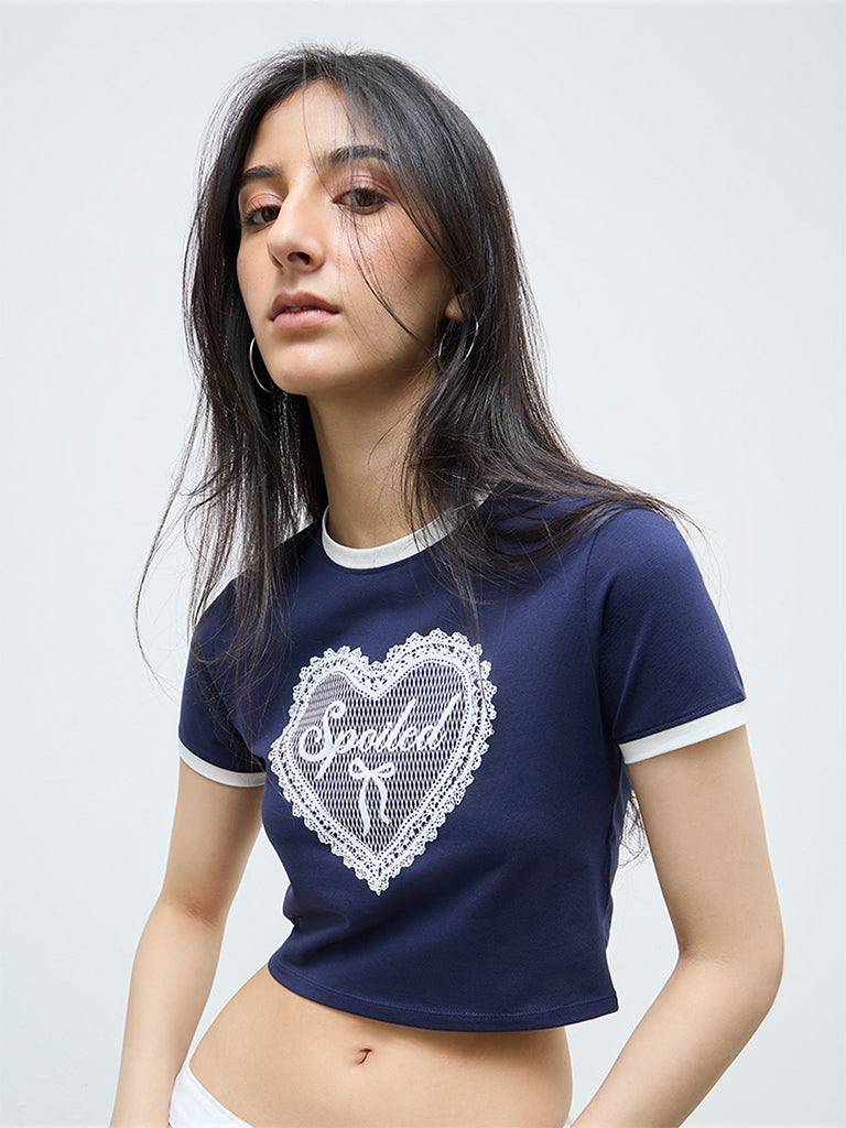 Nuon Navy Heart Printed Cotton-Blend T-Shirt