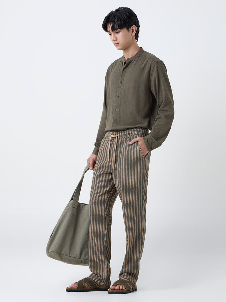 ETA Olive Striped Relaxed-Fit Mid-Rise Cotton-Blend Chinos