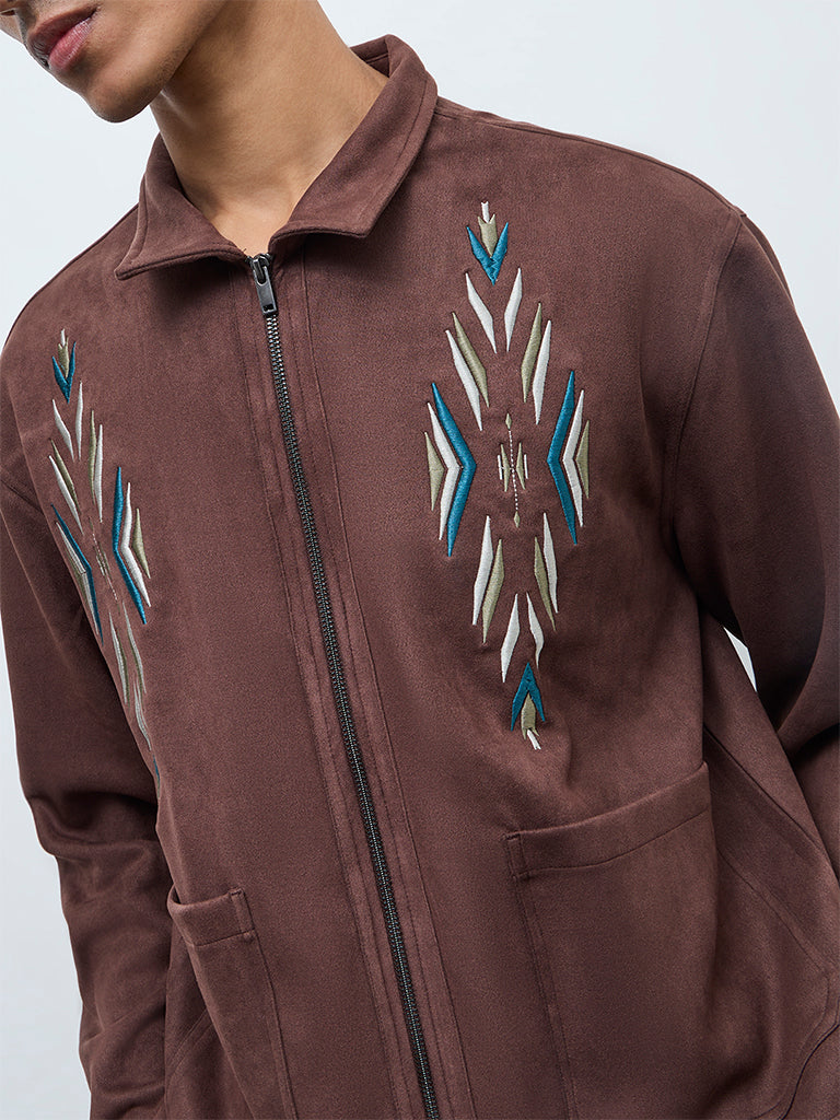 ETA Brown Embroidered Relaxed-Fit Suede Jacket