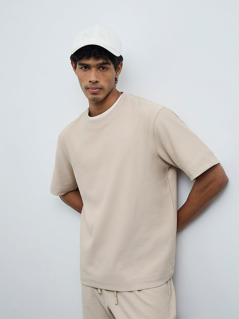 Nuoflexx Beige Ribbed Relaxed-Fit Cotton-Blend T-Shirt