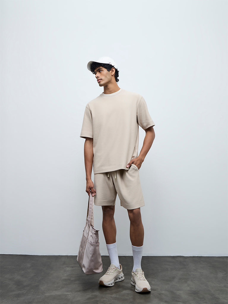 Nuoflexx Beige Ribbed Relaxed-Fit Cotton-Blend T-Shirt