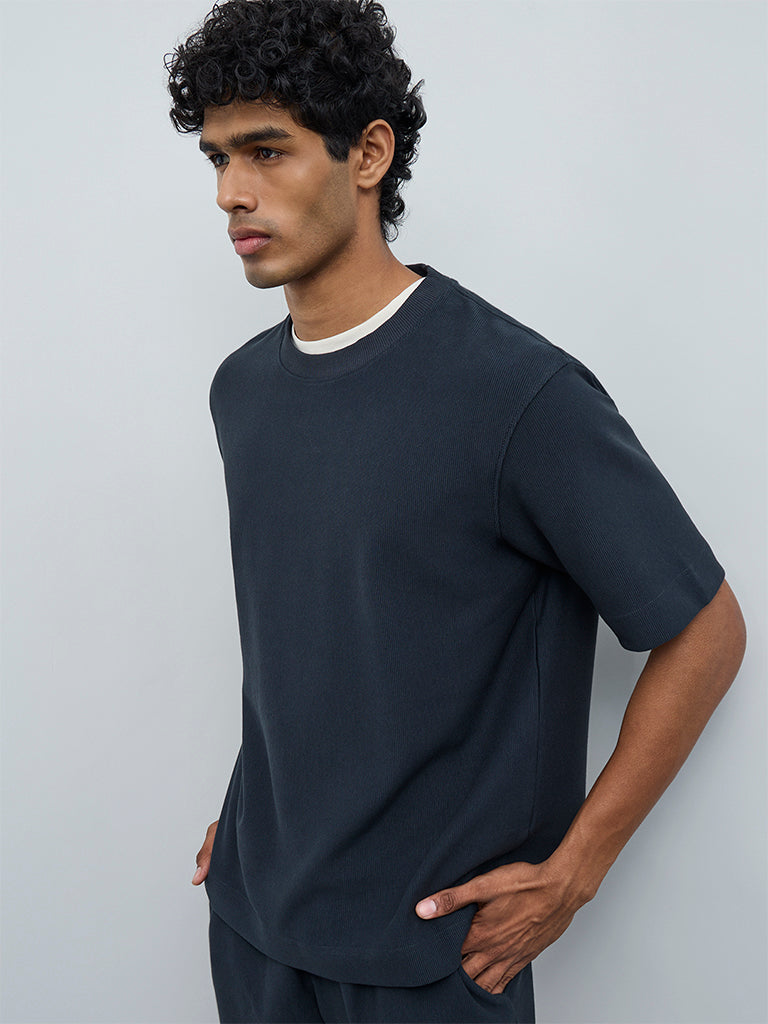 Nuoflexx Teal Ribbed Relaxed-Fit Cotton-Blend T-Shirt