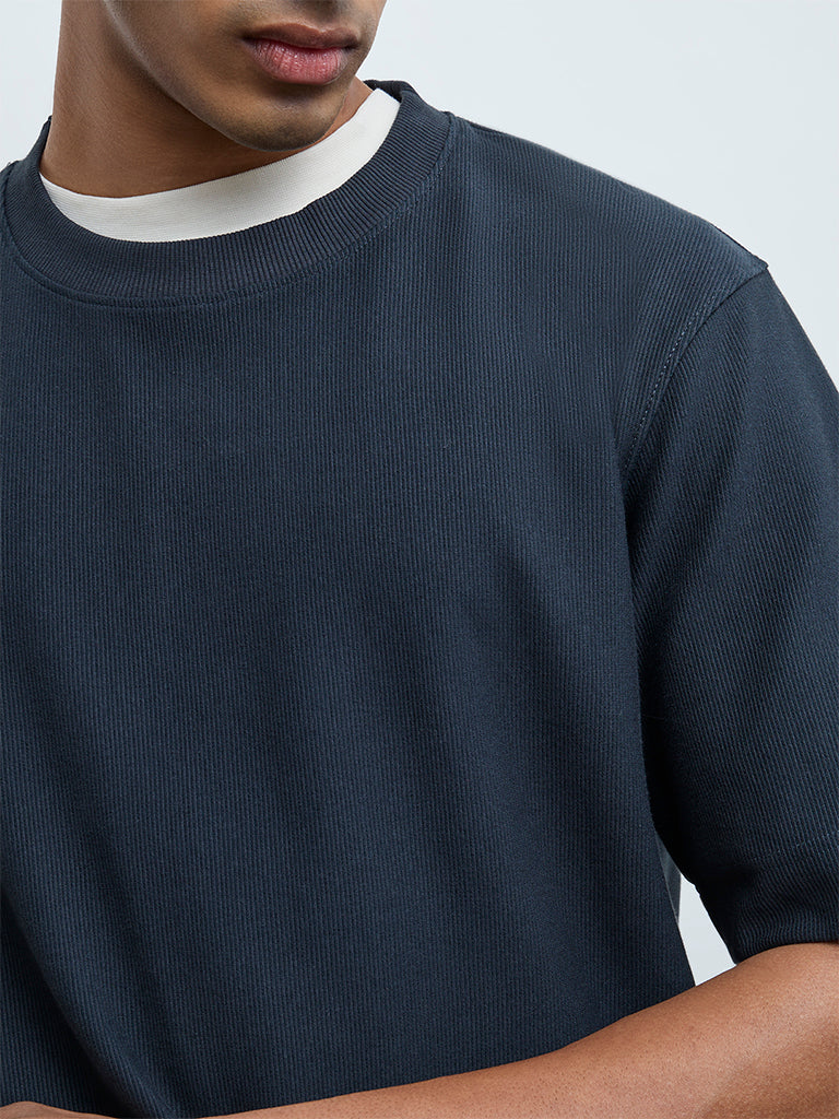 Nuoflexx Teal Ribbed Relaxed-Fit Cotton-Blend T-Shirt