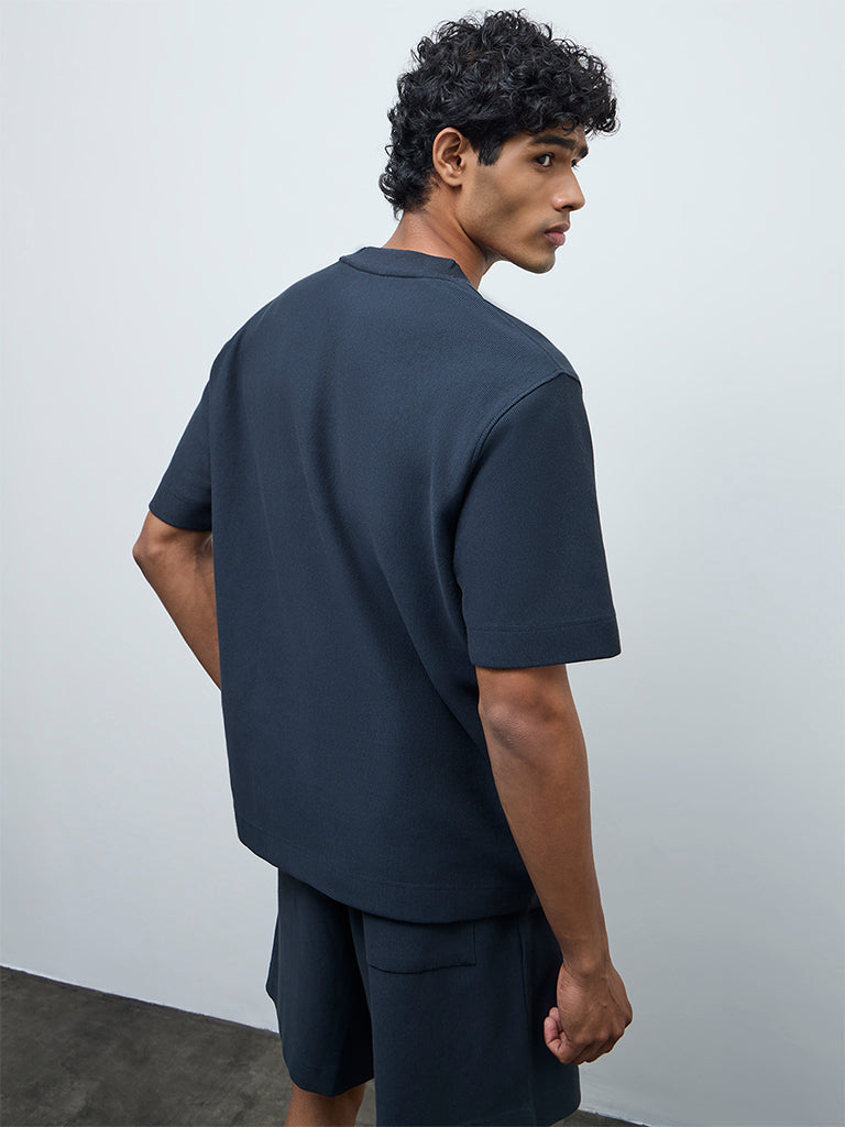 Nuoflexx Teal Ribbed Relaxed-Fit Cotton-Blend T-Shirt
