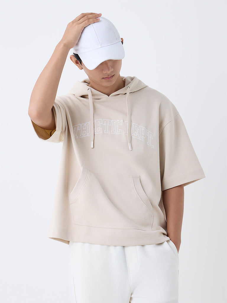 Studiofit Beige Text Pattern Relaxed-Fit Cotton-Blend Sweatshirt
