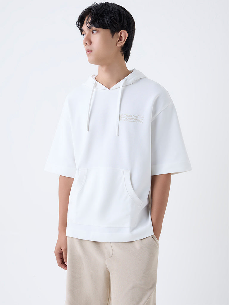 Studiofit White Text Printed Relaxed-Fit Cotton-Blend Sweatshirt