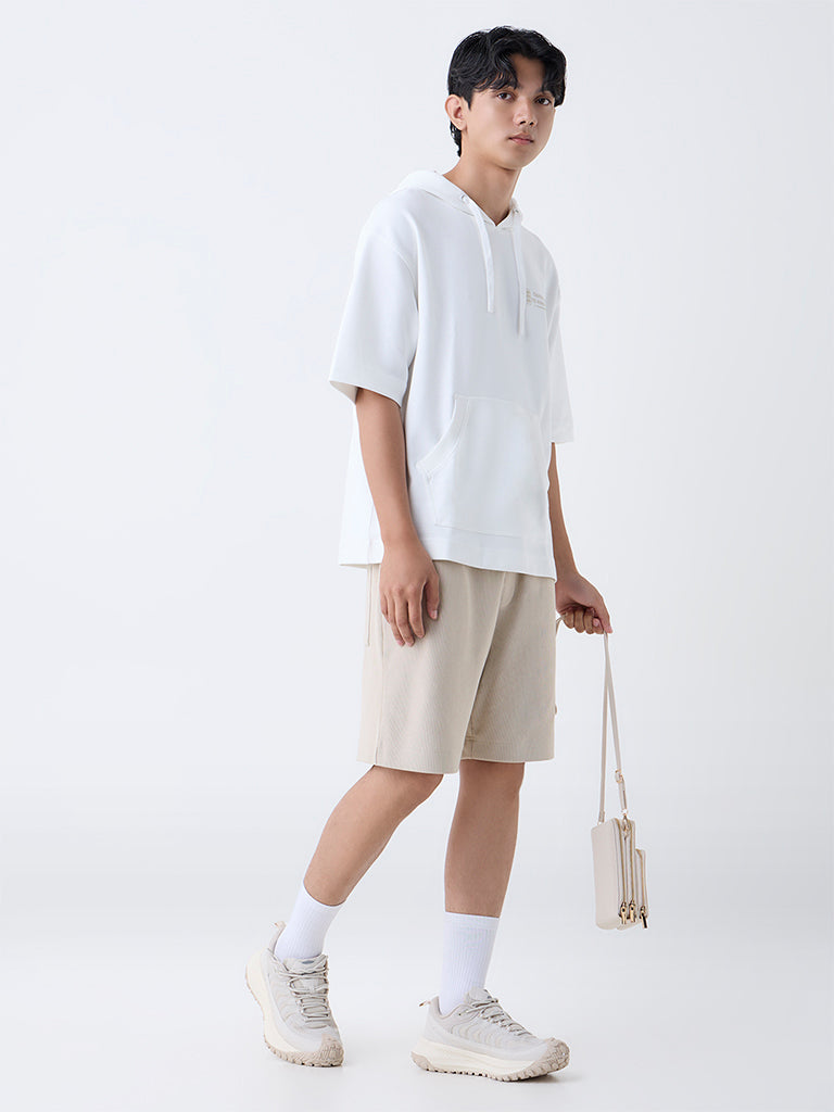 Studiofit White Text Printed Relaxed-Fit Cotton-Blend Sweatshirt