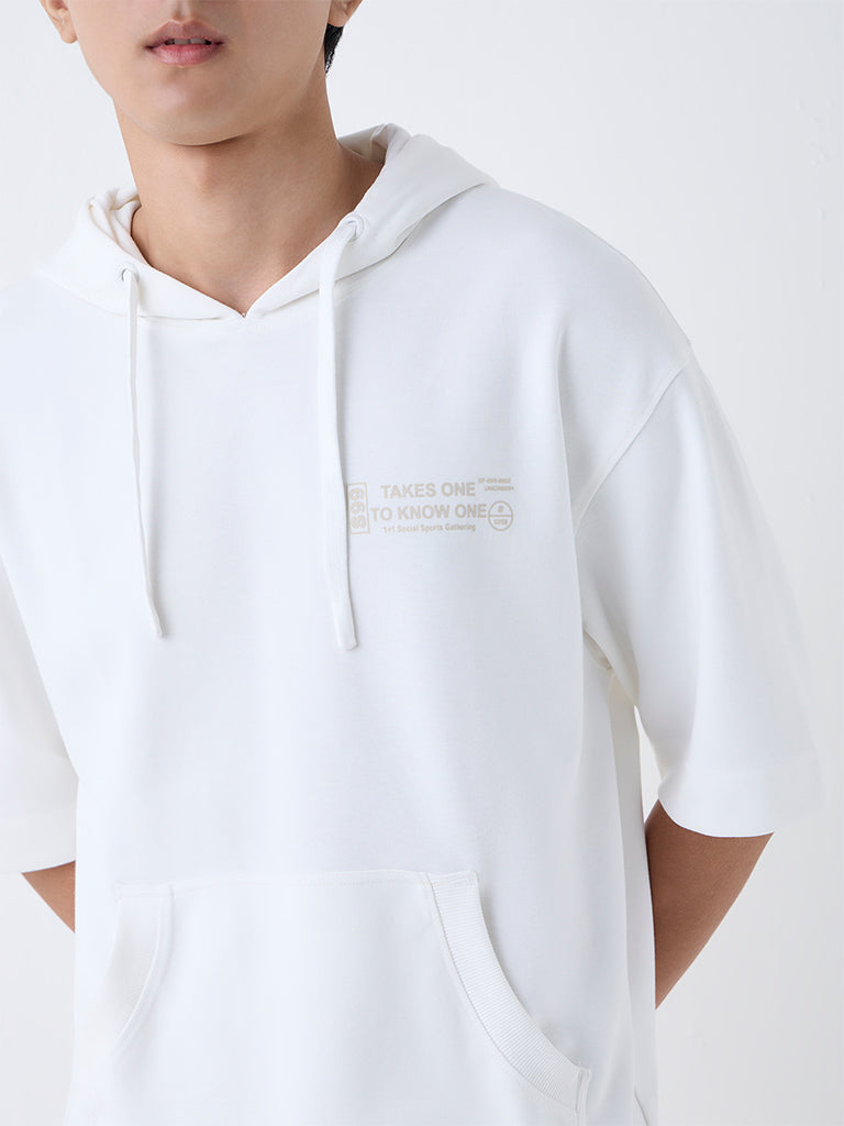 Studiofit White Text Printed Relaxed-Fit Cotton-Blend Sweatshirt
