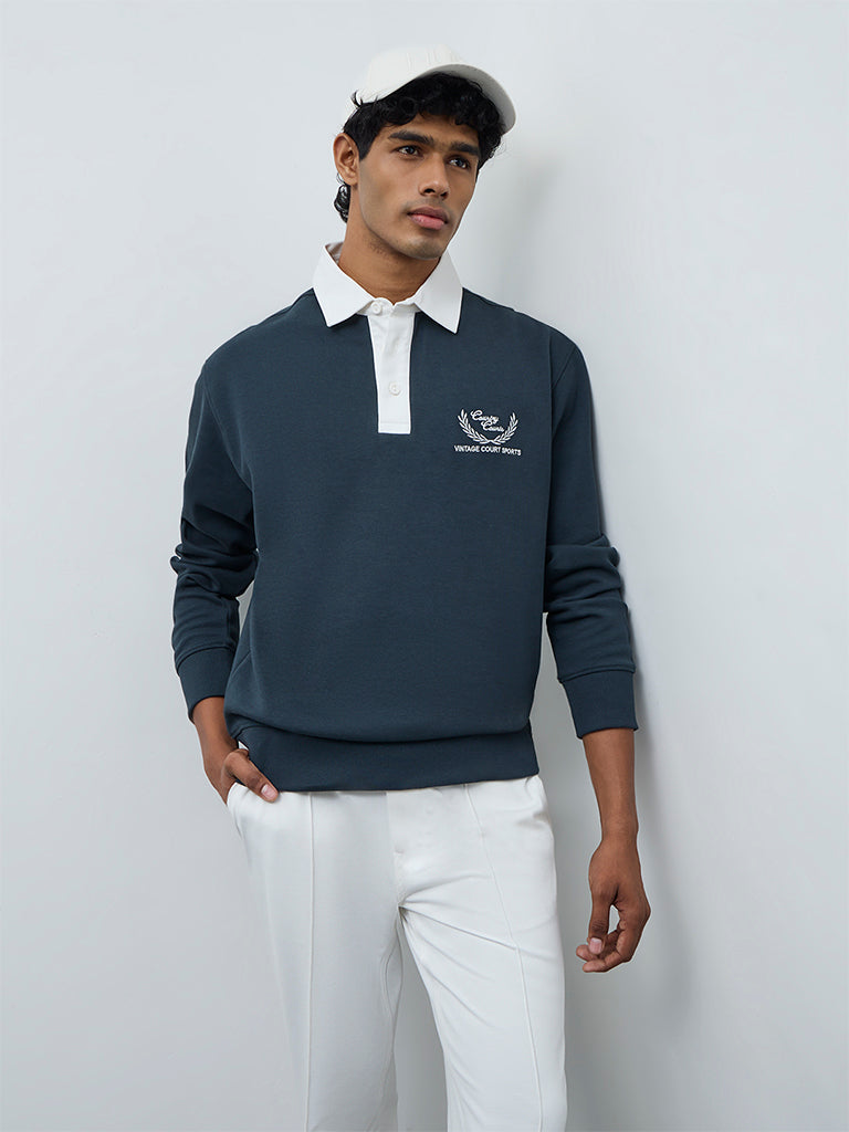Nuoflexx Dark Teal Text Detailed Relaxed-Fit Polo T-Shirt
