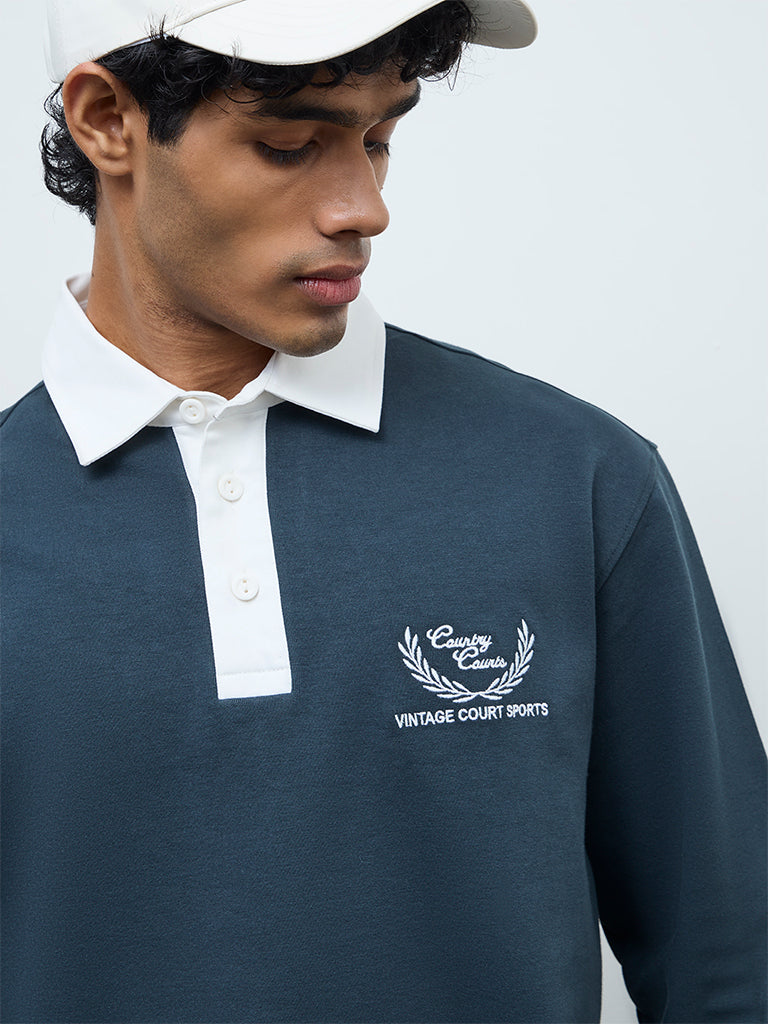 Nuoflexx Dark Teal Text Detailed Relaxed-Fit Polo T-Shirt