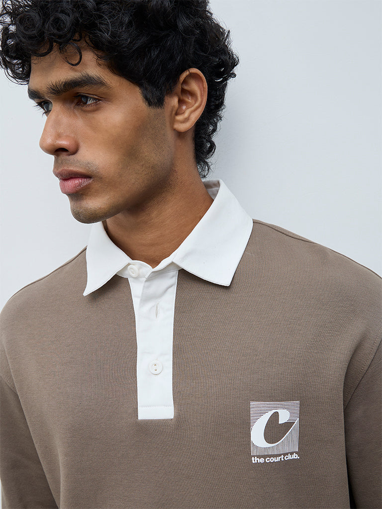 Nuoflexx Taupe Text Detailed Relaxed-Fit Polo T-Shirt