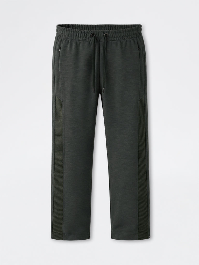 Nuoflexx Dark Olive Stripe-Panel Relaxed-Fit Mid-Rise Track Pants