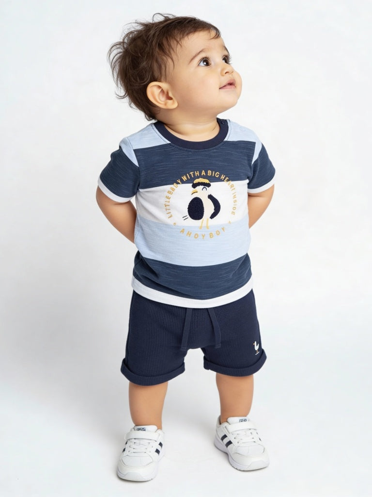 HOP Baby Boys Blue Printed Cotton T-Shirt and Shorts Set