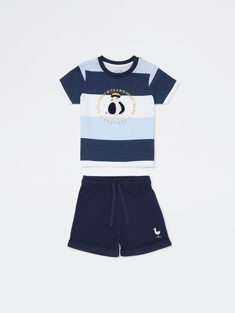HOP Baby Boys Blue Printed Cotton T-Shirt and Shorts Set