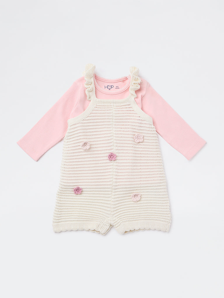 HOP Baby Girls Off-White Crochet Knit Cotton T-Shirt and Dungaree Set