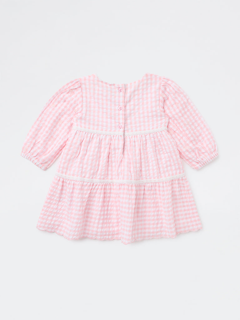 HOP Baby Girls Pink Checkered Tiered Cotton Dress