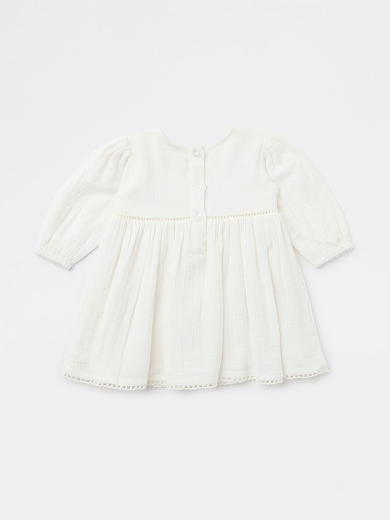 HOP Baby Girls White Embroidered A-Line Cotton Dress