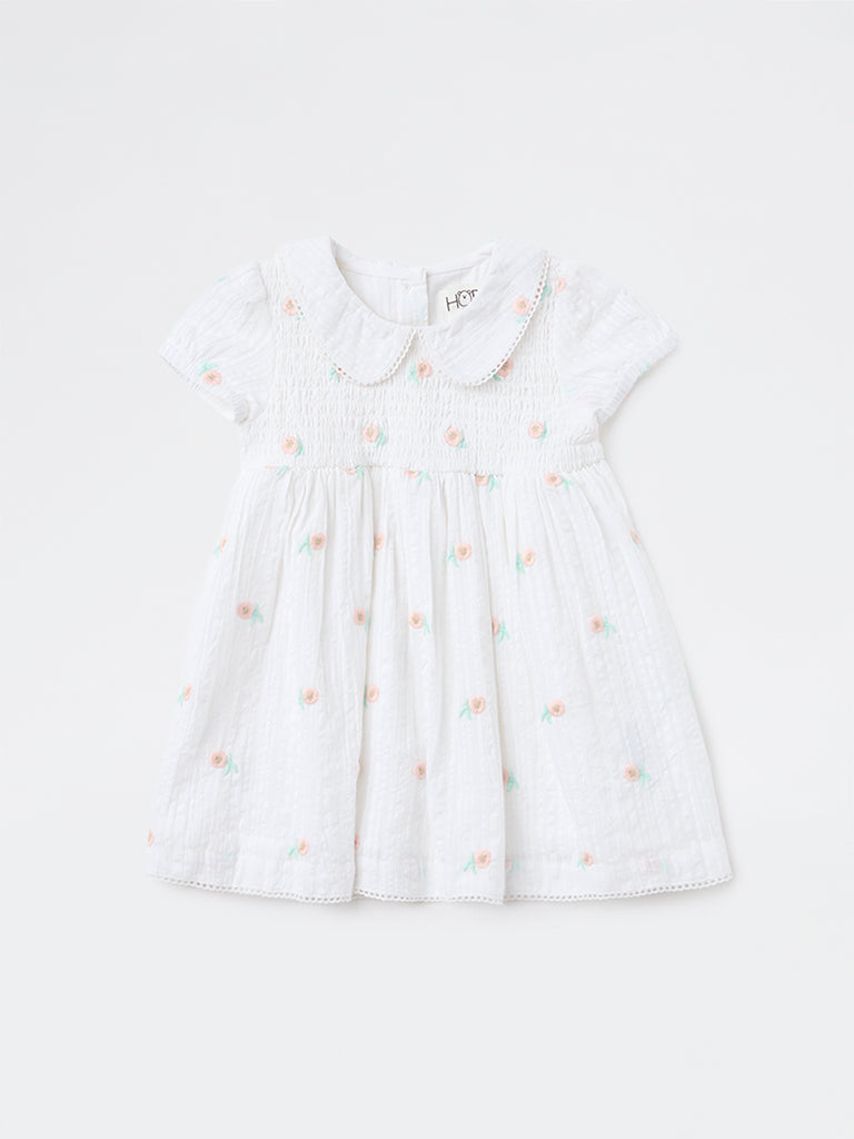 HOP Baby Girls White Floral Printed A-Line Cotton Dress