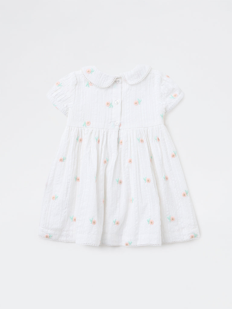 HOP Baby Girls White Floral Printed A-Line Cotton Dress