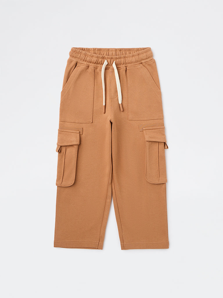 HOP Kids Boys Light Brown Mid-Rise Cotton Cargo Pants