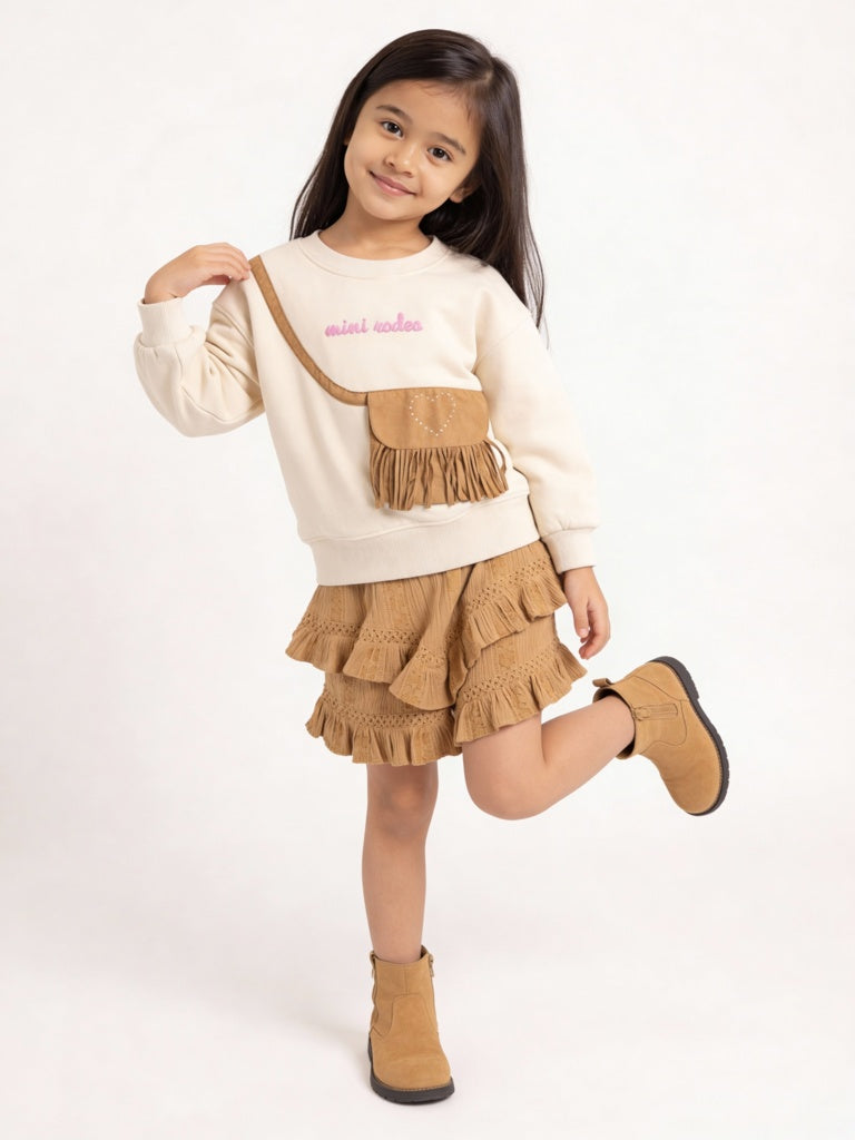 HOP Kids Girls Beige Embroidered Cotton-Blend Sweatshirt