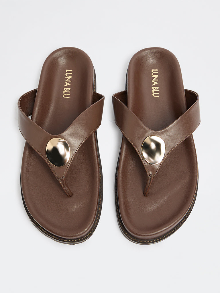 LUNA BLU Brown Metal-Detail Thong Strap Sandals
