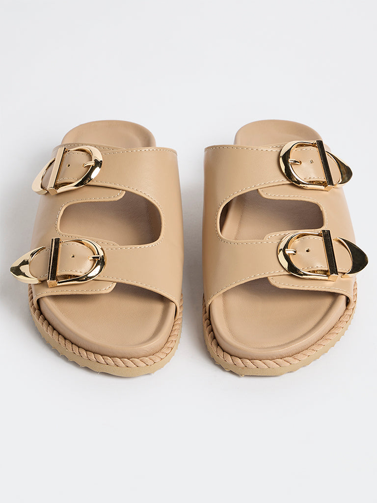 LUNA BLU Beige Buckle-Detailed Slip-On Comfort Sandals