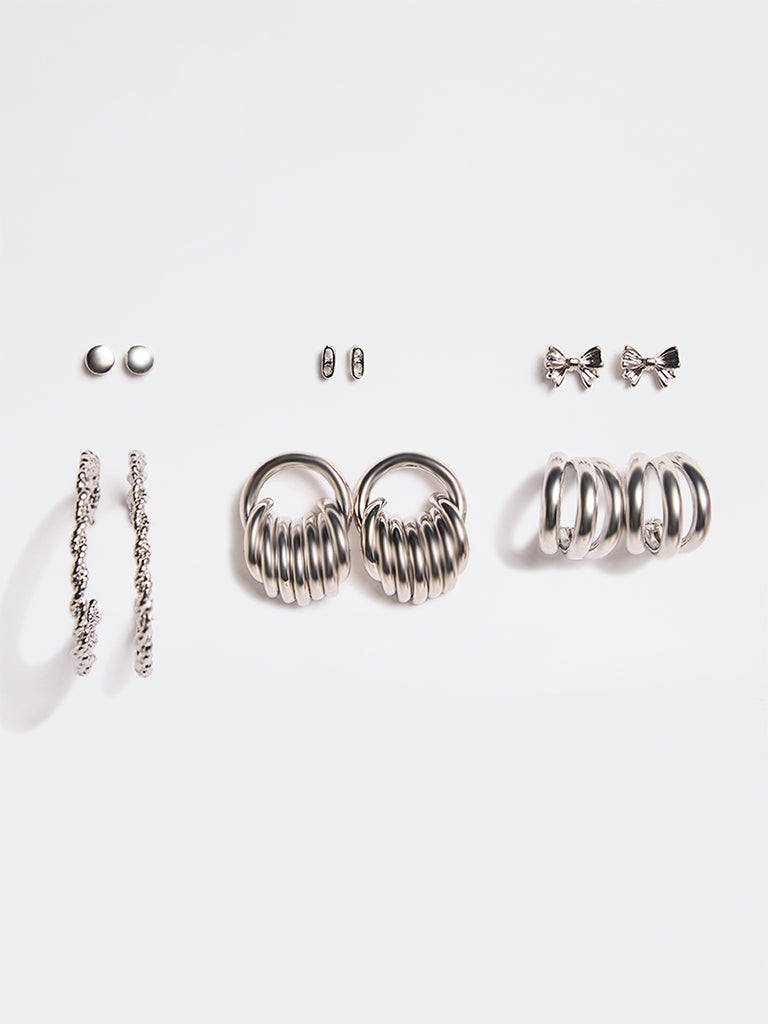 Westside Accessories Silver Multi Studs and Hoop Earrings - Pack of 6