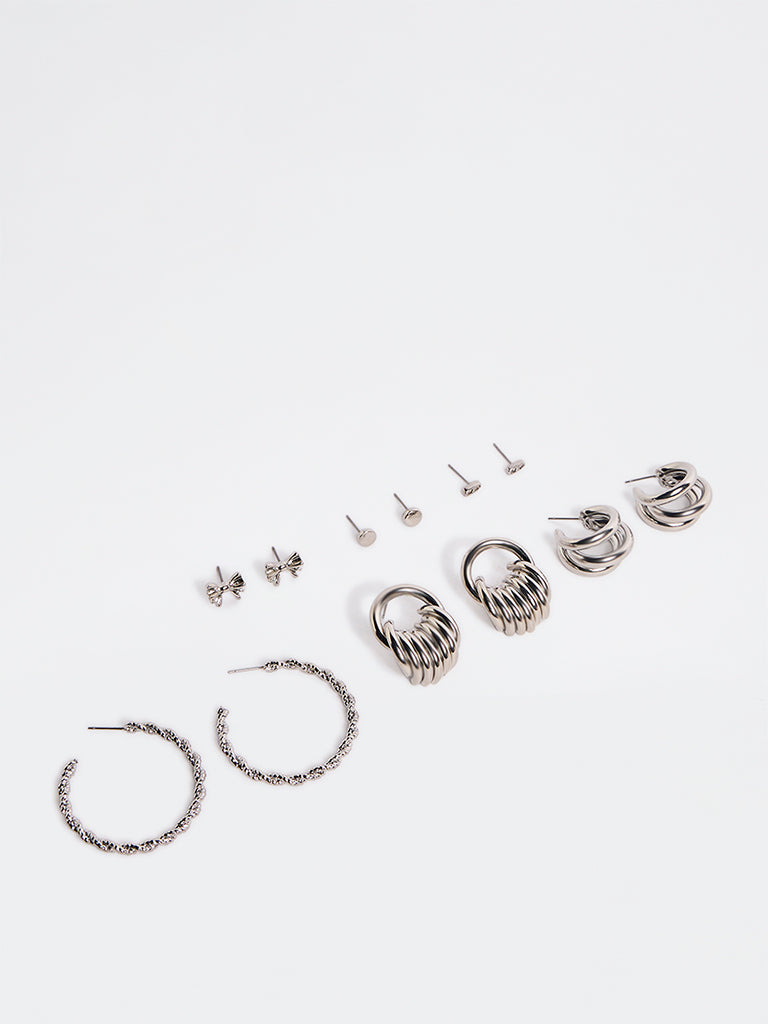 Westside Accessories Silver Multi Studs and Hoop Earrings - Pack of 6