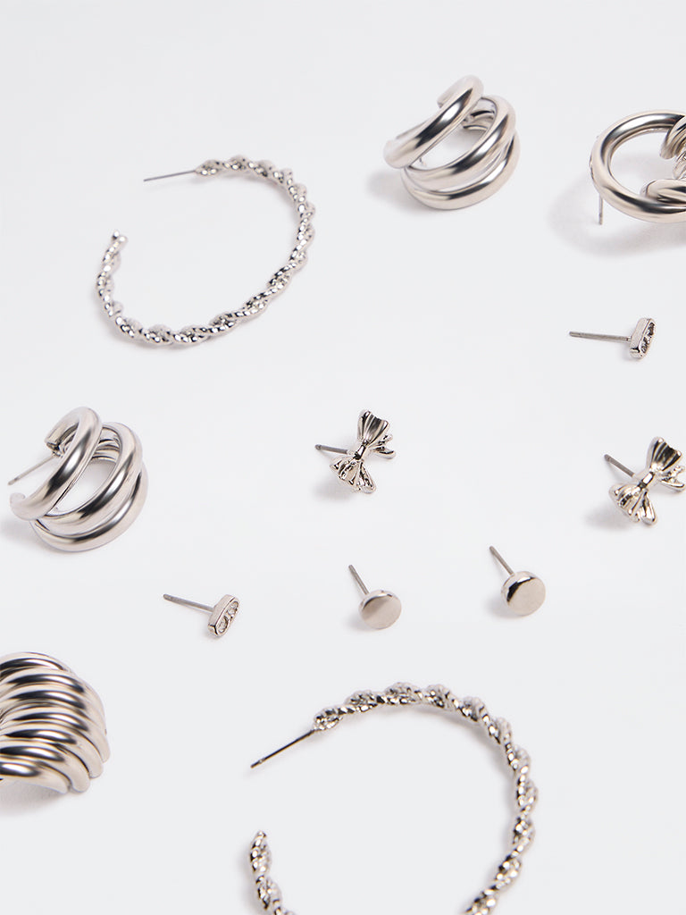 Westside Accessories Silver Multi Studs and Hoop Earrings - Pack of 6