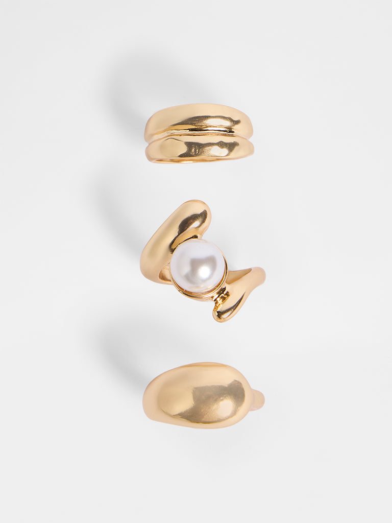 Westside Accessories Gold Statement Ring Set with Pearl Detail - Pack of 3