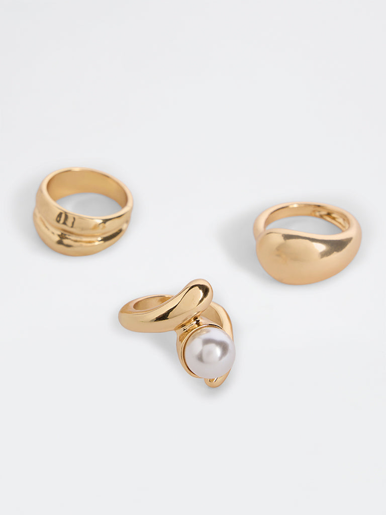 Westside Accessories Gold Statement Ring Set with Pearl Detail - Pack of 3