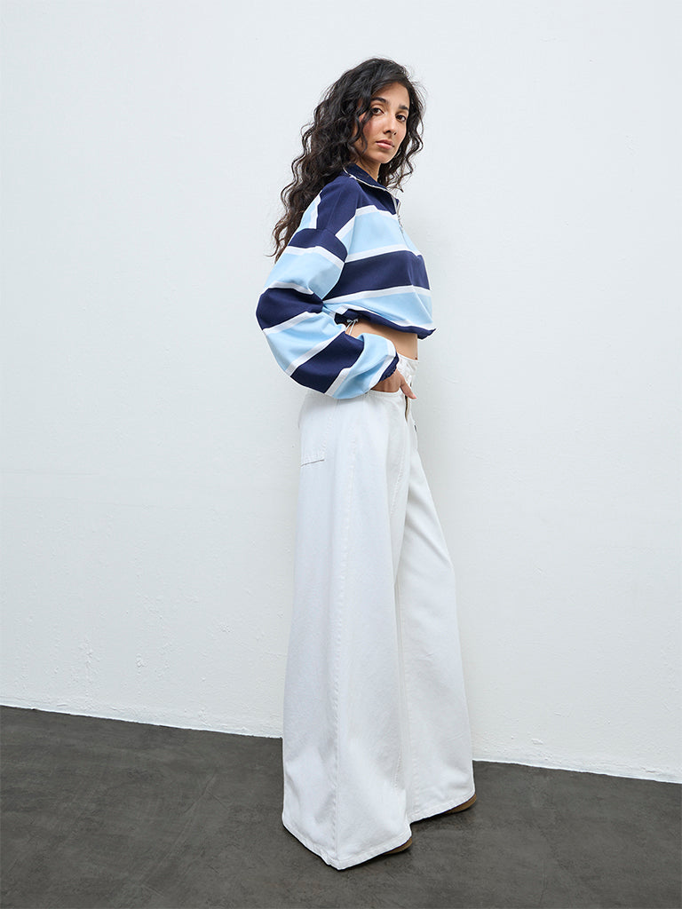 Nuon Blue Striped Quarter-Zip Cotton T-Shirt