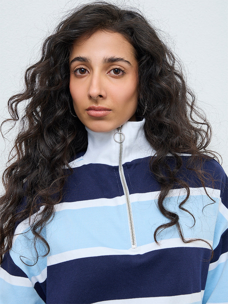 Nuon Blue Striped Quarter-Zip Cotton T-Shirt