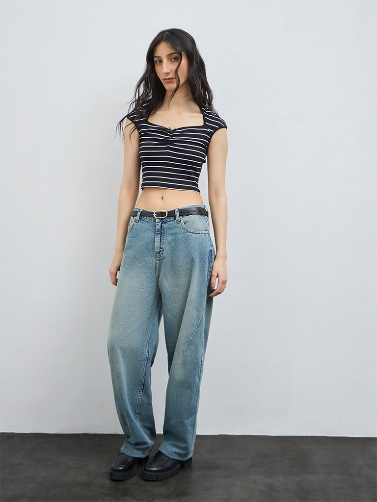 Nuon Black Stripe Pattern Cotton-Blend Top