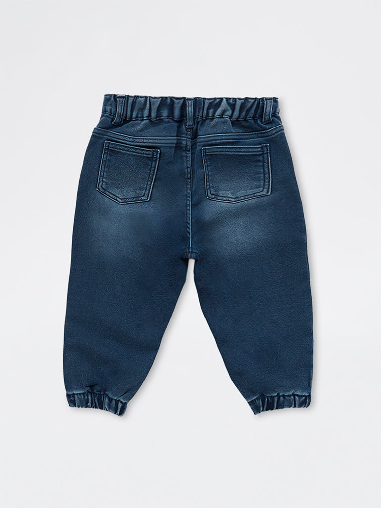 HOP Baby Boys Dark Blue Faded High-Rise Jeans