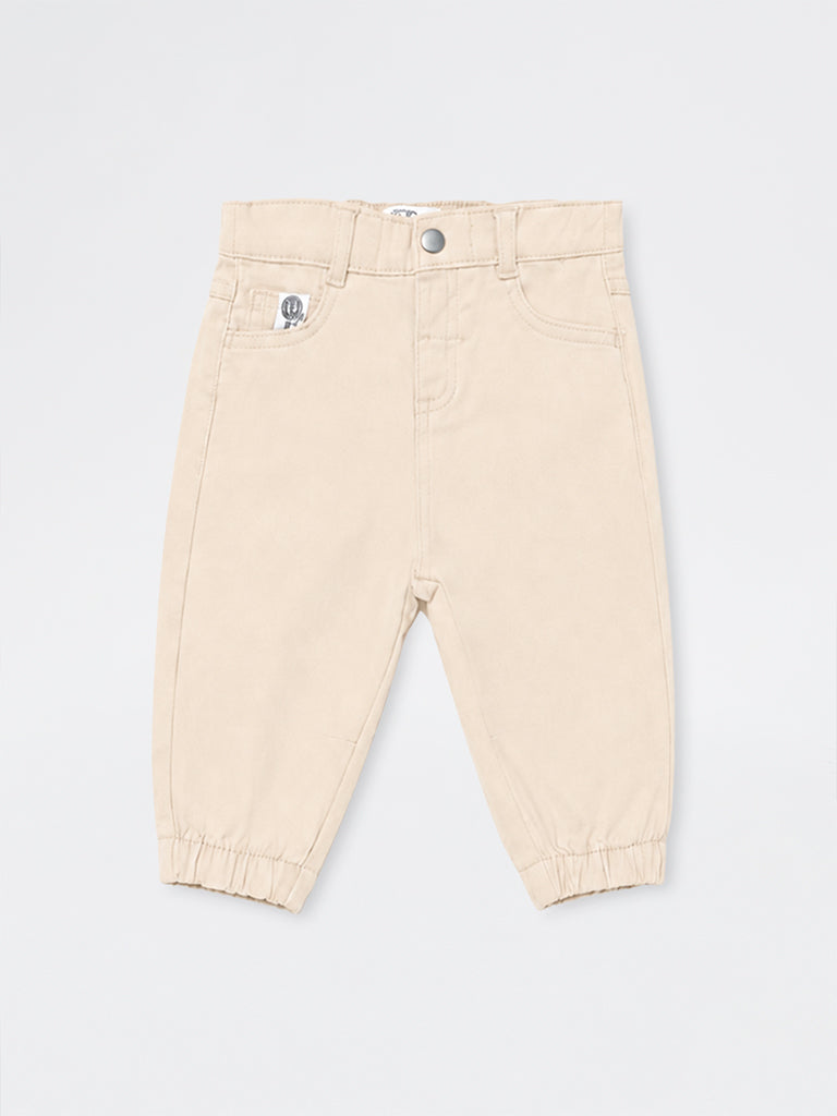 HOP Baby Boys Light Beige Mid-Rise Cotton-Blend Joggers