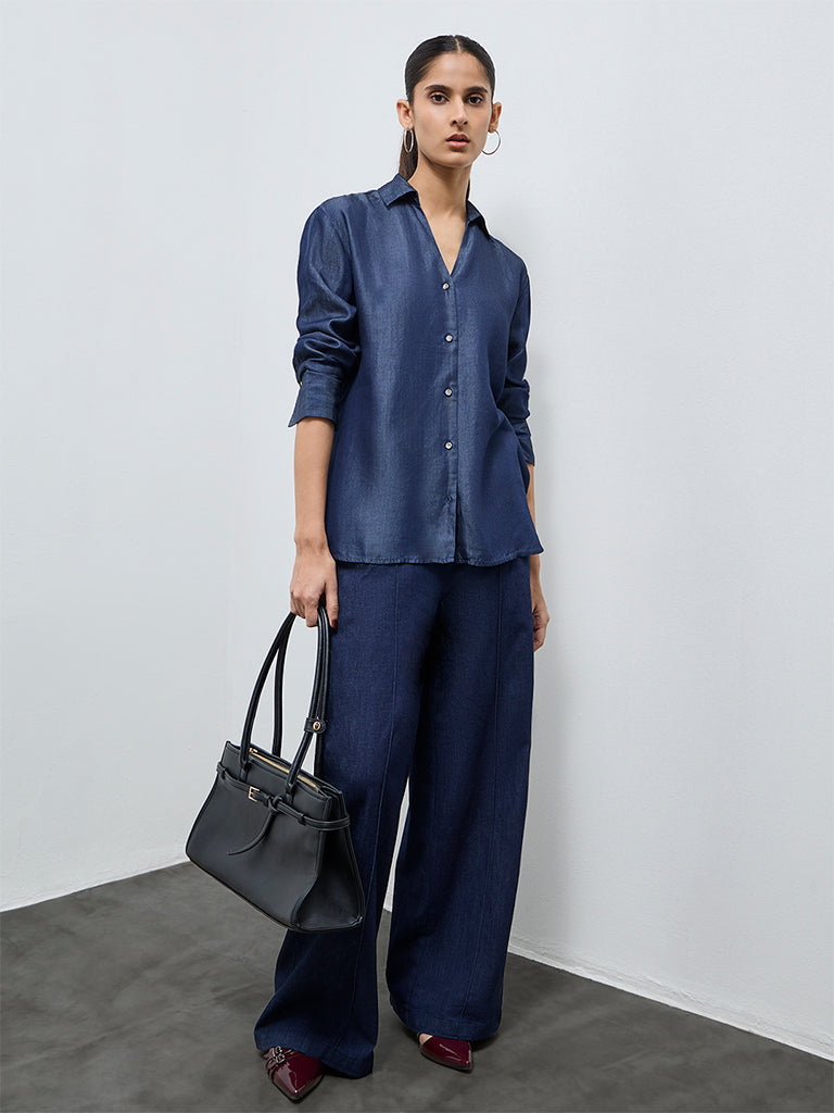 Wardrobe Indigo Solid Cotton Blouse
