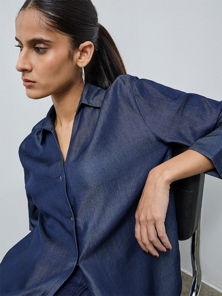 Wardrobe Indigo Solid Cotton Blouse