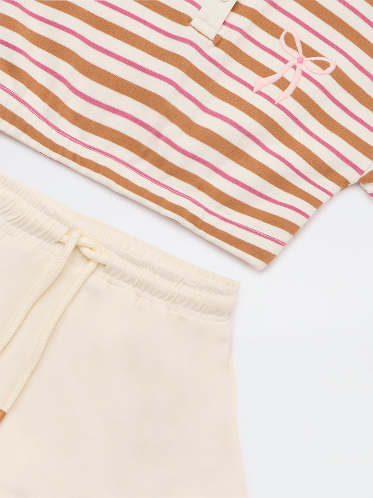 HOP Kids Girls Tan Striped Cotton Polo T-Shirt with Skirt