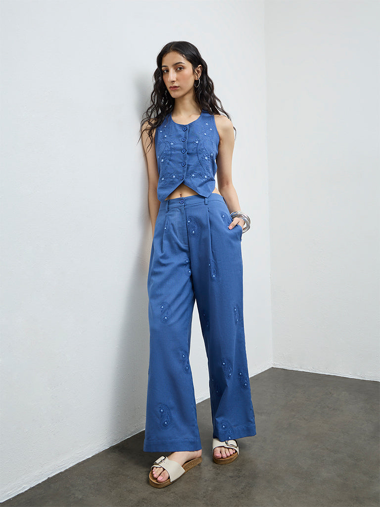Bombay Paisley Blue Embroidered Cotton-Blend Palazzos