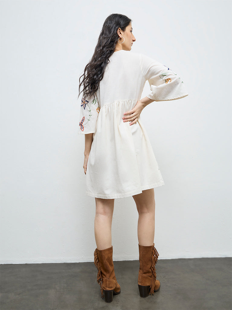 Bombay Paisley Off-White Cotton-Blend A-Line Dress