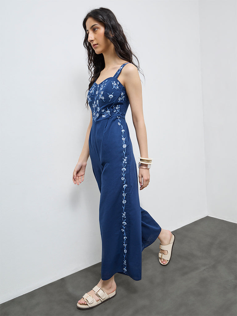 Bombay Paisley Blue Embroidered Cotton Jumpsuit