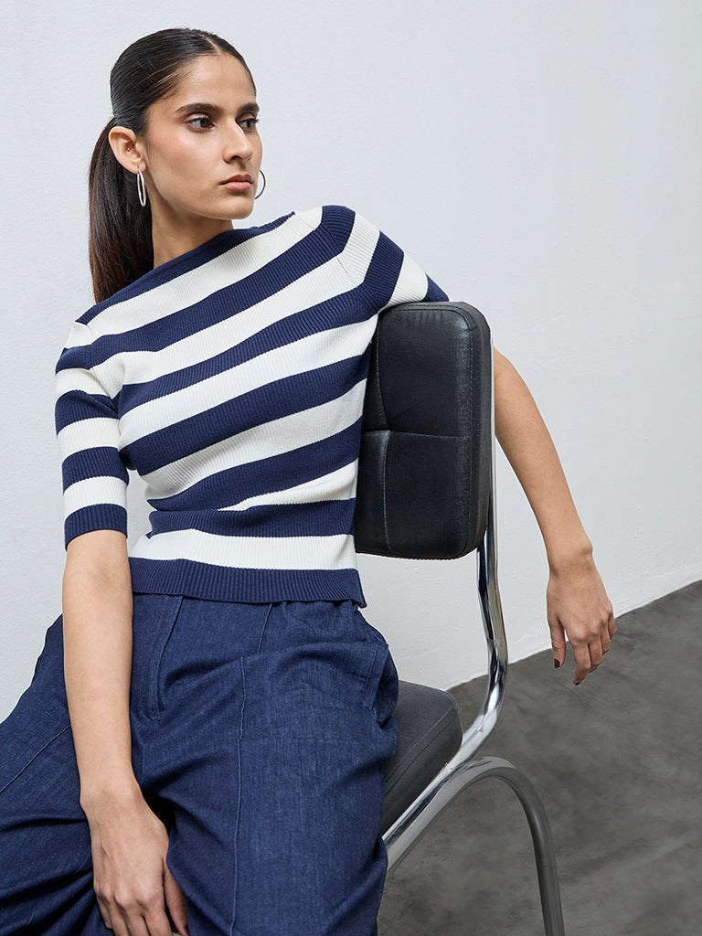 Wardrobe Dark Blue Stripe Printed Blouse
