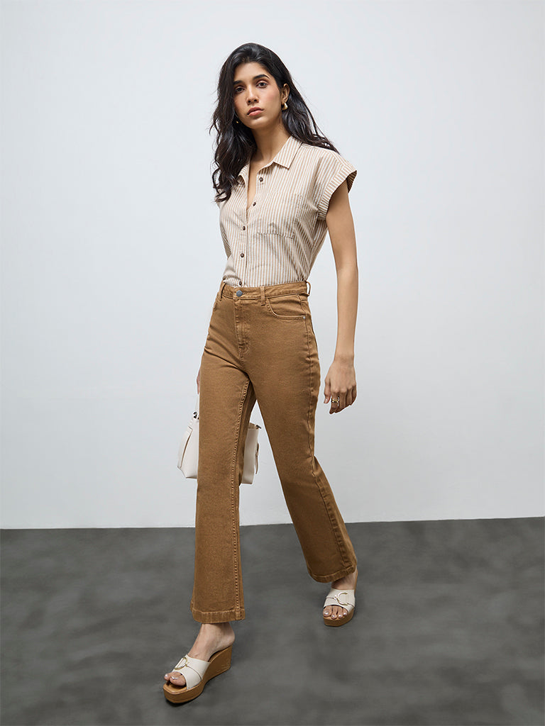 LOV Beige Striped Cotton-Blend Top