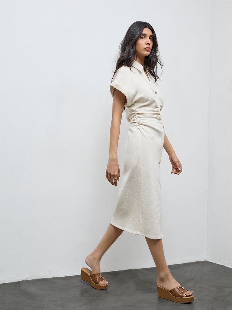 LOV Cream Ruched Detailed Denim Shirt Dress